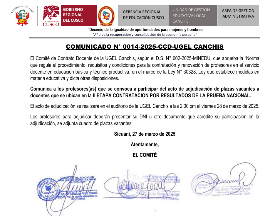 COMUNICADO N° 0014 - Contrato Docente de la UGEL Canchis